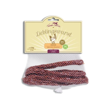 Tena Canis Lieblingswurst przysmak dla psów z kurczaka w siatkowym opakowaniu, oznaczonym 'Huhn', 170g, podkreślającym 100% naturalne składniki.
