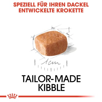 Ein einzelnes Stück Trockenfutter, das für Dackel entwickelt wurde, mit dem Text "MAßGESCHNEIDERTES TROCKENFUTTER" und "SPEZIELL FÜR IHREN DACKEL ENTWICKELTE KROKETTE" darüber.