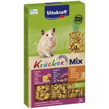 Vitakraft Kräcker Mix Hamster-Leckerli mit Früchten & Flocken, Traube & Nuss, Honig & Dinkel, 3 Schichten, ohne Zuckerzusatz, hergestellt in Deutschland.