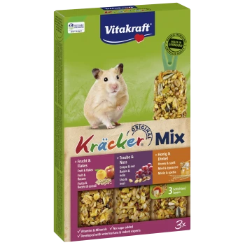 Friandise Vitakraft Kräcker Mix pour hamster avec fruits & flocons, raisin & noix, miel & épeautre, 3 couches, sans sucre ajouté, fabriquée en Allemagne.
