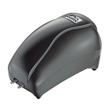 PONTEC PondoAir Set 200 Schwarze Aquariumluftpumpe mit elegantem Design, ausgestattet mit zwei Luftauslässen und einem Logo oben.