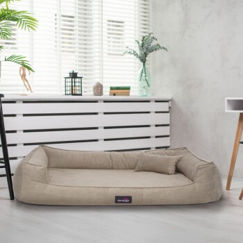 Ein gemütliches beiges Haustierbett mit einem kleinen Kissen, platziert in einem hellen Raum mit weißen Jalousien, einer Pflanze und dekorativen Gegenständen im Hintergrund.