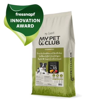 Hundefutterbeutel mit der Aufschrift 'My Pet Club', der frische Insekten, Süßkartoffeln, Äpfel und Superfood Leinsamen enthält, 14,5 kg.