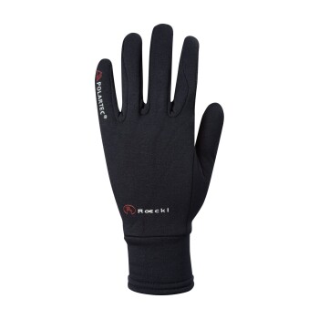 Schwarze Polartec-Handschuhe mit einer engen Passform, mit dem Roeckl-Logo am Handgelenk und einer strukturierten Grifffläche an den Fingern.