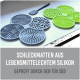 Eine Nahaufnahme eines Hundes, der eine grüne Silikon-Futtermatte mit vier verschiedenen Texturen leckt, beschriftet mit "4 verschiedene Strukturen."