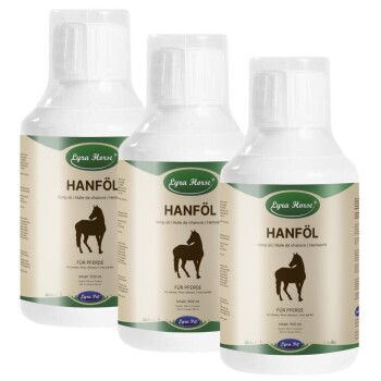 Flasche Lyra Horse Hanföl (Hanföl) für Pferde, 500 ml, mit einer Silhouette eines Pferdes und mehrsprachigem Text.