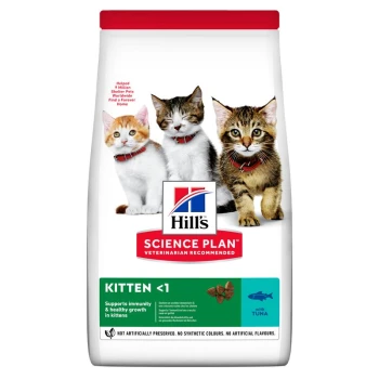 Hill's Science Plan Kittenfutter-Tüte mit drei verspielten Kätzchen auf der Vorderseite, mit Text, der die ernährungsphysiologischen Vorteile und den Thunfischgeschmack hervorhebt.