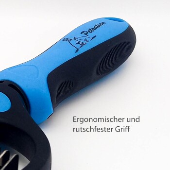 Blauer ergonomischer Haustierpflegewerkzeuggriff mit rutschfestem Griff, mit dem Wort "Persuation" und dem Text "Ergonomischer und rutschfester Griff."