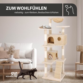 Ein mehrstöckiger Katzenbaum mit einer schlafenden Katze oben, einem gemütlichen Versteck und einem verspielten Kätzchen. Text: "ZUM WOHLFÜHLEN - vielseitig."