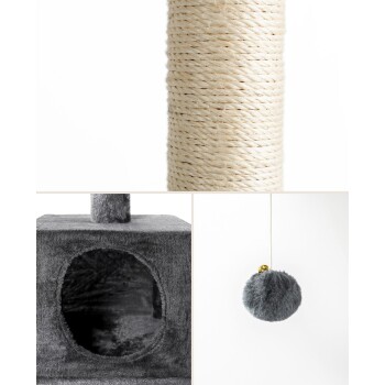 Katzenbaumkomponenten: ein Sisal-Kratzbaum, ein graues Plüschversteck mit einem runden Eingang und ein hängendes graues Pom-Pom-Spielzeug.