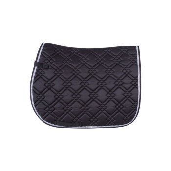 Schwarzes, gestepptes Sattelpad mit einem Diamantmuster und silberner Einfassung, mit einem Riemen auf einer Seite zur Befestigung.
