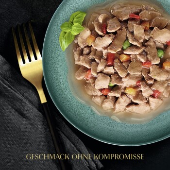 Katzenfutter in einer türkisfarbenen Schüssel, mit gewürfeltem Fleisch und buntem Gemüse, mit einer goldenen Gabel daneben. Der Text lautet 'GESCHMACK OHNE KOMPROMISSE.'