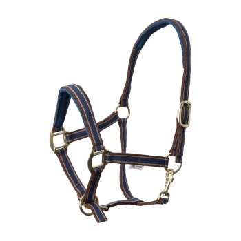 Ein blau-braunes gestreiftes Geschirr für Haustiere mit goldenen Metallclips und verstellbaren Riemen, entworfen für Komfort und Kontrolle.