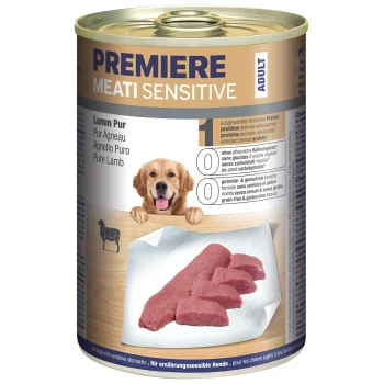 Nourriture en conserve pour chien étiquetée "Premiere Meati Sensitive" avec de l'agneau pur comme ingrédient principal, avec des morceaux de viande visibles et une illustration de chien.