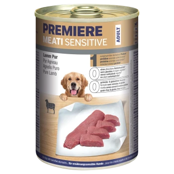 Canned dog food labeled "Premiere Meati Sensitive" featuring pure lamb as the main ingredient, with visible chunks of meat and a dog illustration.