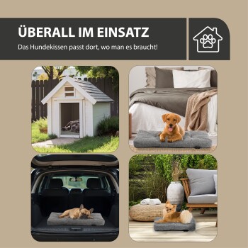 Collage eines Hundebetts in einem Hundehäuschen, Schlafzimmer, Kofferraum und auf der Terrasse. Text: "ÜBERALL IM EINSATZ - Das Hundekissen passt dort, wo man es braucht!"