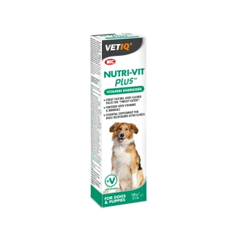 VETIQ Nutri-Vit Plus vitamin energiser for dogs, featuring a golden retriever on the packaging, with claims of great taste and high calories.