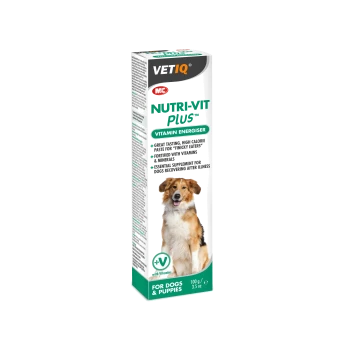 VETIQ Nutri-Vit Plus vitamin energiser for dogs, featuring a golden retriever on the packaging, with claims of great taste and high calories.