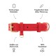 Roter Lederhundehalsband mit goldener Schnalle, mit Text über Qualität, Komfort, Größen XXS bis XXL und handwerklicher Verarbeitung.