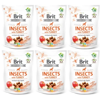 Sześć torebek Brit Crunchy Snack dla psów, z 'Owady z indykiem' i wzbogacone jabłkami, podkreślające korzyści odżywcze.