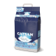 Sac de litière pour chat Catsan Hygiene Plus de 20L avec un chat blanc endormi et un texte sur ses caractéristiques naturelles et non agglomérantes.