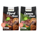 Zwei Beutel proCani Hundefutter mit der Aufschrift 'Pferd Komplett-Menü' und 'Lamm Komplett-Menü', mit einem Hund, der sich die Lippen leckt. Jeder hat ein grünes Qualitätssiegel.