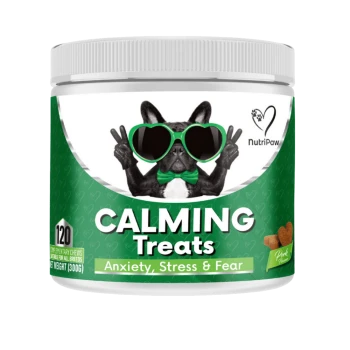 NutriPaw Calming Treats for dogs, 120 chews, pork flavor, relieves anxiety, stress, and fear, green label with dog wearing heart-shaped glasses.