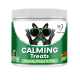 NutriPaw Calming Treats for dogs, 120 chews, pork flavor, relieves anxiety, stress, and fear, green label with dog wearing heart-shaped glasses.
