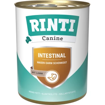 RINTI Canine Intestinal Nassfutterdose für Hunde, mit einem grünen und weißen Design, beschriftet 'Magen-Darm Schonkost mit Lamm' und Nährwertvorteilen.