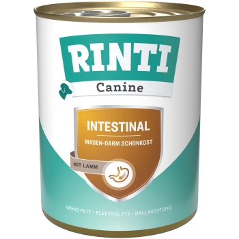 RINTI Canine Intestinal nat hondenvoer blik, met een groen-wit ontwerp, gelabeld 'Magen-Darm Schonkost mit Lamm' en voedingsvoordelen.