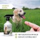 Eine REAVET Zeckensprayflasche für Haustiere, mit einem Golden Retriever und einem Zecken auf einem Finger. Text: "Sicheres Gefühl," "Tierexperten empfohlen."
