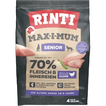 MAX-I-MUM Senior Huhn 4 kg Rinti Max-I-Mum Senior Hundefutterbeutel, mit 70% Fleisch und Innereien, frischem Huhn, 30% Gemüse, getreidefreier Rezeptur, 4 kg.