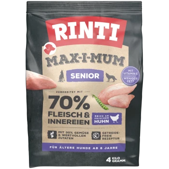 Rinti Max-I-Mum Senior Hundefutterbeutel, mit 70% Fleisch und Innereien, frischem Huhn, 30% Gemüse, getreidefreier Rezeptur, 4 kg.