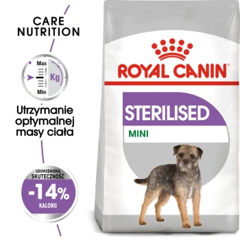 Torba z karmą dla psów Royal Canin Sterilised Mini z ilustracją małego psa, promująca optymalne utrzymanie wagi i 14% mniej kalorii.