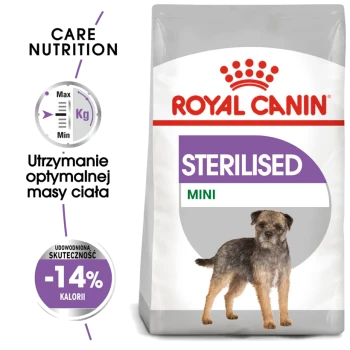 Torba z karmą dla psów Royal Canin Sterilised Mini z ilustracją małego psa, promująca optymalne utrzymanie wagi i 14% mniej kalorii.