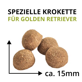 Vier runde braune Kroketten; Pfeile zeigen die Größe mit dem Text 'ca. 15 mm'; Überschrift 'SPEZIELLE KROKETTE FÜR GOLDEN RETRIEVER'.
