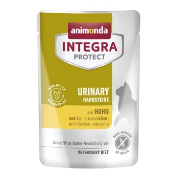 Animonda Integra Protect Urinary Hundefutterbeutel in Gelb und Weiß, gekennzeichnet als Huhn und eine veterinärmedizinische Diät zur Struvitprävention.