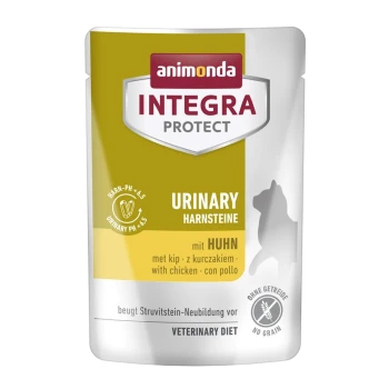 Animonda Integra Protect Urinary Hundefutterbeutel in Gelb und Weiß, gekennzeichnet als Huhn und eine veterinärmedizinische Diät zur Struvitprävention.