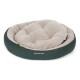 Rundes Haustierbett mit einem plüschigen beigen Zentrum und einem dunkelgrünen äußeren Rand, mit dem Logo 'Doctor Bark'.
