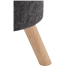 Graues Haustierbett mit einem Holzbein, das eine Nahaufnahme des Stoffes und des Bein-Designs zeigt.