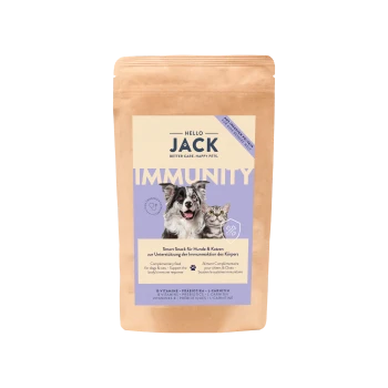 Sac de friandises Hello Jack Immunity pour chiens et chats, soutenant la réponse immunitaire, avec images de chien et de chat.