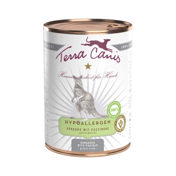 Dose mit Terra Canis Hundefutter, das Känguru und Pastinake enthält, beschriftet mit "Hypoallergen," mit einer 100% Qualitätsgarantie.