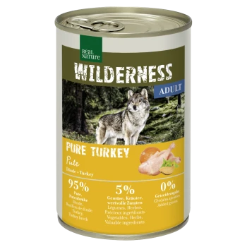 Dosen-Haustierfutter mit der Aufschrift "Wilderness Adult Pure Turkey," mit einem Wolfbild, mit 95% Truthahn, 5% Gemüse und Kräutern und 0% zugesetzten Getreiden.