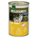Dosen-Haustierfutter mit der Aufschrift "Wilderness Adult Pure Turkey," mit einem Wolfbild, mit 95% Truthahn, 5% Gemüse und Kräutern und 0% zugesetzten Getreiden.