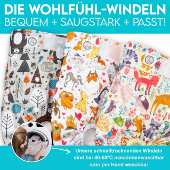 Bunte Haustierwindeln mit verspielten Tiermotiven, mit Text, der Komfort, Saugfähigkeit und Waschhinweise hervorhebt.