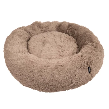 Rundes, plüschiges Haustierbett in einer sanften beigen Farbe, mit einem flauschigen Äußeren und einem gemütlichen, kreisförmigen Design.