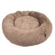 Rundes, plüschiges Haustierbett in einer sanften beigen Farbe, mit einem flauschigen Äußeren und einem gemütlichen, kreisförmigen Design.