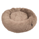 Rundes, plüschiges Haustierbett in einer sanften beigen Farbe, mit einem flauschigen Äußeren und einem gemütlichen, kreisförmigen Design.