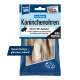 Nutri QM Naturals Hundesnacks, 100 % Kaninchenohren mit Fell, hergestellt in Deutschland, sichtbare getrocknete Kaninchenohren in blauer und grüner Verpackung.