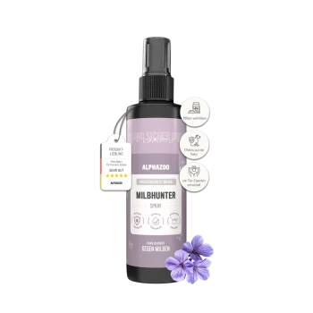 ALPHAZOO Milbhunter Sprühflasche mit Eukalyptusduft, Milbenabwehr für Haustiere, mit Produktbewertung und Blumendekoration.